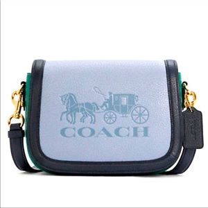 Saddle Bag in Colorblock with horse and carriage Blue Green and Navy Coach Bag!